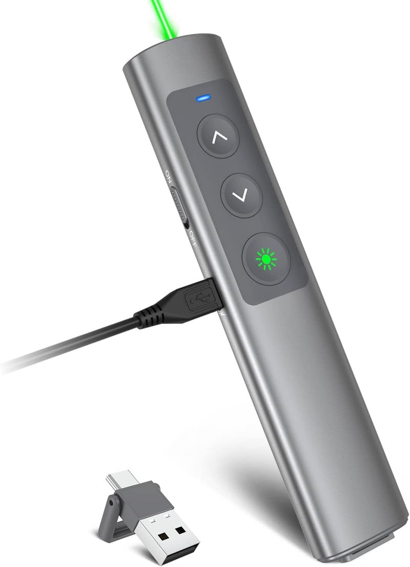 PPTSLID Metallic Presentation Clicker Presenter Remote - Rechargeable Wireless Presenter with Green Laser Pointer, 2 in 1 USB Clicker for PowerPoint & Google Slides, Compatible with MacBook/PC - Image 1